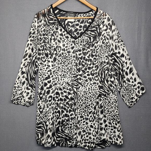 Vintage Gitane Top Women XL Black White Semi Sheer Animal Print Made in Canada - Picture 1 of 9
